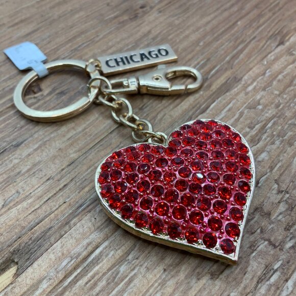 Red Rhinestone Heart Gold Tone "Chicago" Key Chain Purse Charm - Picture 3 of 4